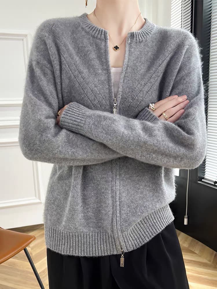 유럽 상품 더블 지퍼 양모 오픈 가디건 여성 짧은 두꺼운 카디건 순양모 루즈핏 슬림해 보이는 스웨터 코트 이미지 4
