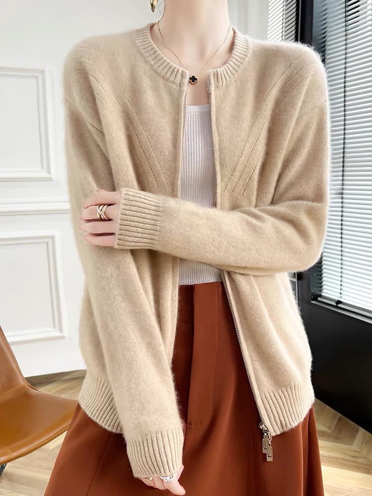 유럽 상품 더블 지퍼 양모 오픈 가디건 여성 짧은 두꺼운 카디건 순양모 루즈핏 슬림해 보이는 스웨터 코트 상세 이미지 2