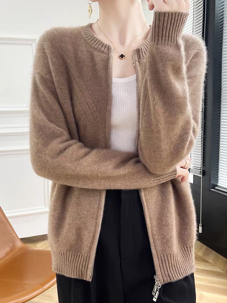 유럽 상품 더블 지퍼 양모 오픈 가디건 여성 짧은 두꺼운 카디건 순양모 루즈핏 슬림해 보이는 스웨터 코트 상세 이미지 5