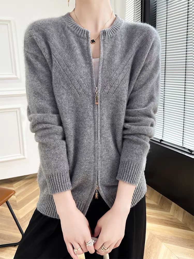유럽 상품 더블 지퍼 양모 오픈 가디건 여성 짧은 두꺼운 카디건 순양모 루즈핏 슬림해 보이는 스웨터 코트 상세 이미지 6