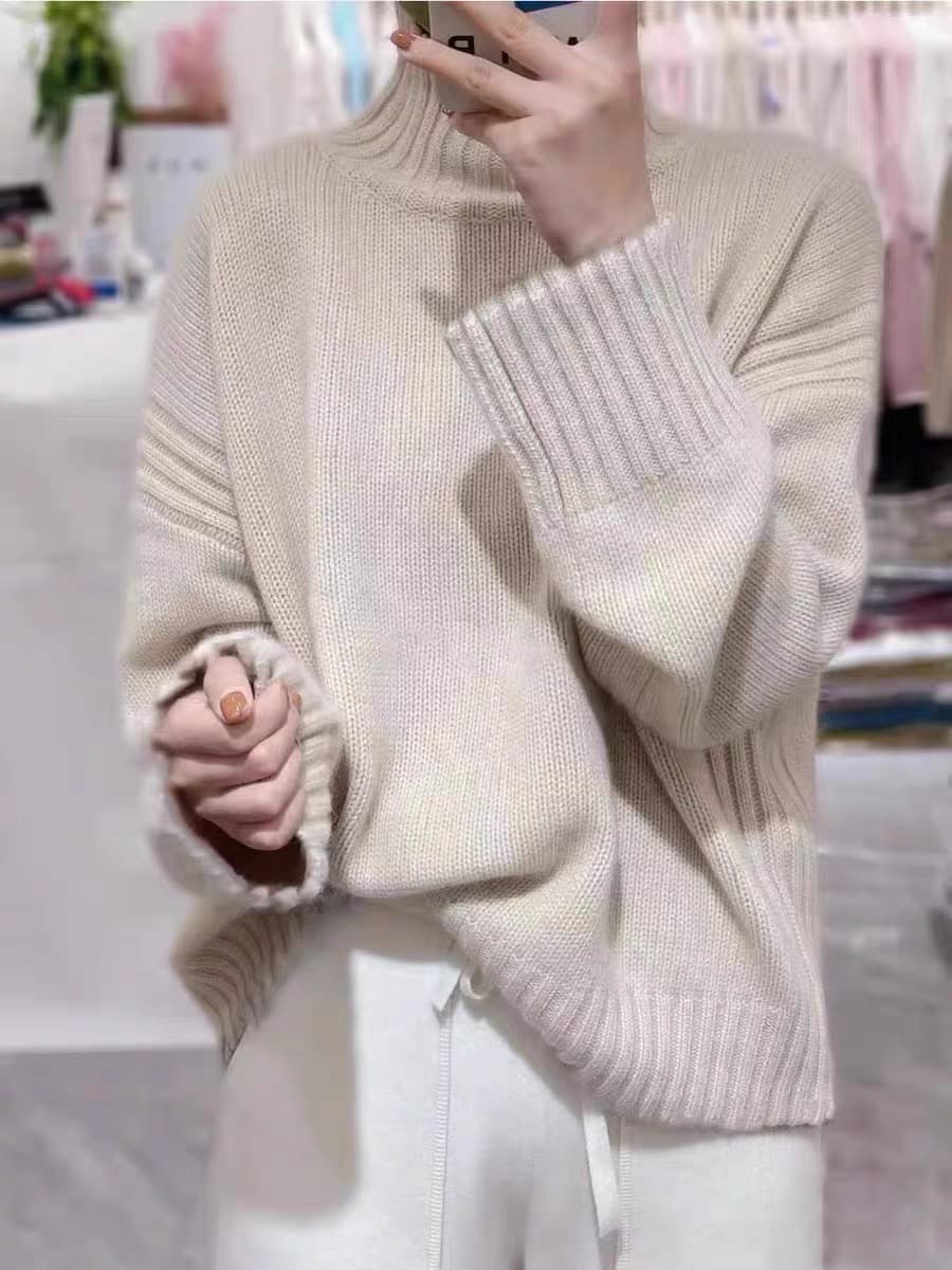 유럽 상품 무거운 두꺼운 터틀넥 순수한 양모 니트 스웨터 여성 가을 겨울 느긋한 루즈핏 풀오버 양모 기본 셔츠 상세 이미지 1