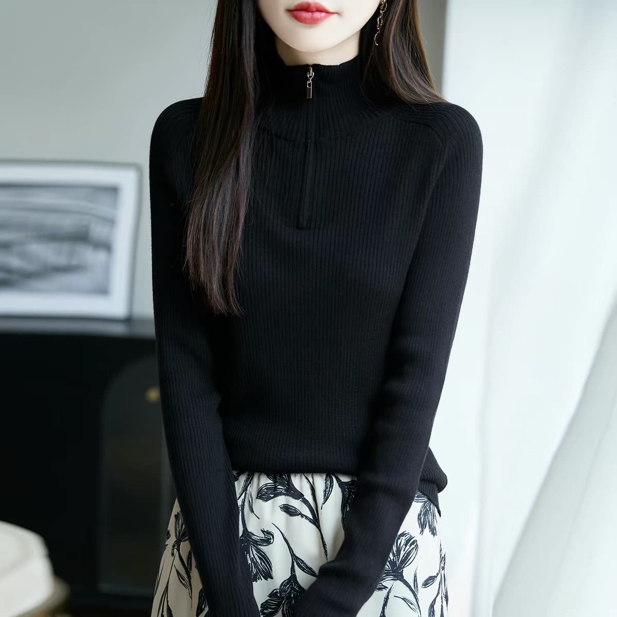 하프 지퍼 높은 지점 약화 된 카디건 여성 반하이넥 몸매 가꾸기 풀오버 니트 기본 셔츠 봄 가을 새로운 맨위 이미지 5