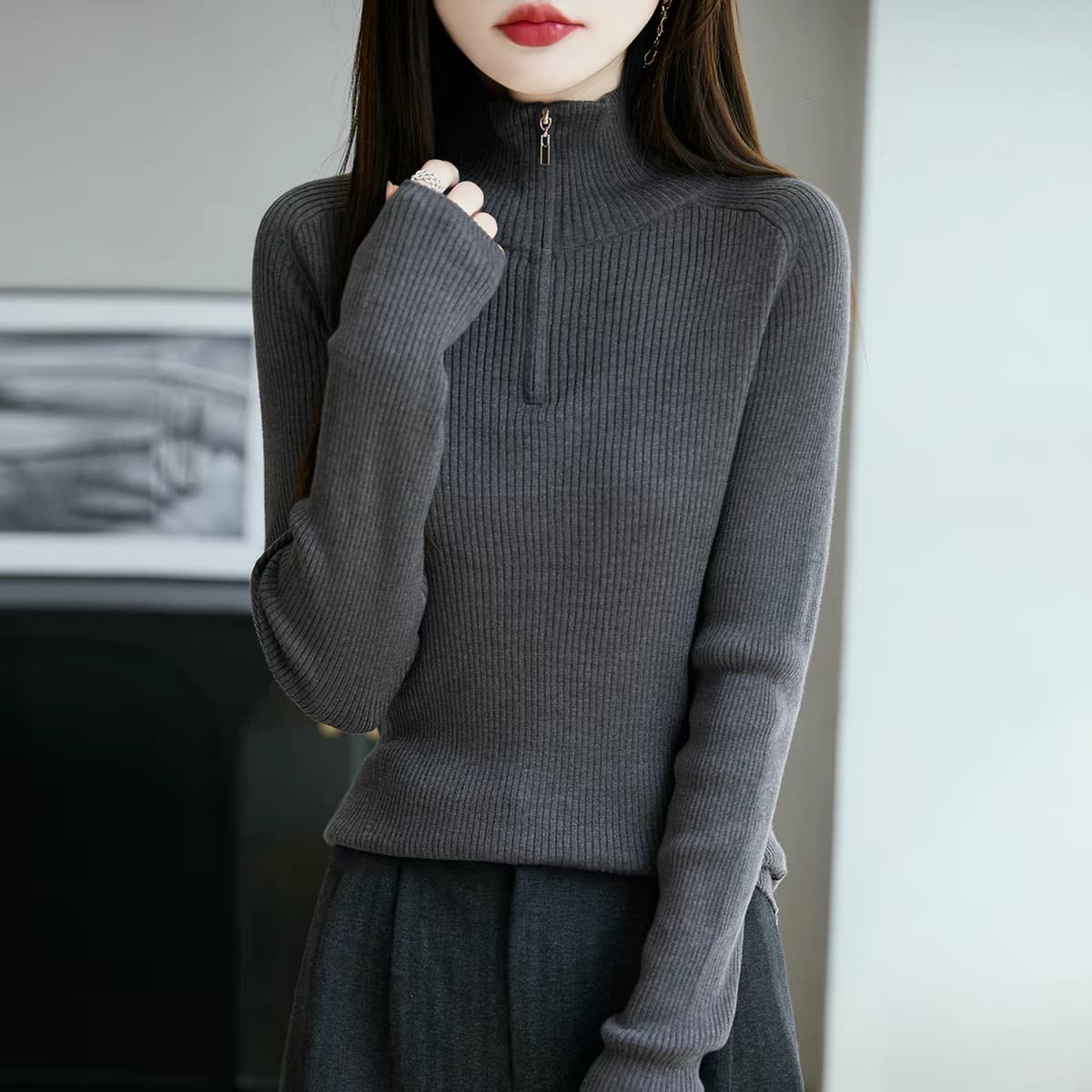 하프 지퍼 높은 지점 약화 된 카디건 여성 반하이넥 몸매 가꾸기 풀오버 니트 기본 셔츠 봄 가을 새로운 맨위 상세 이미지 2