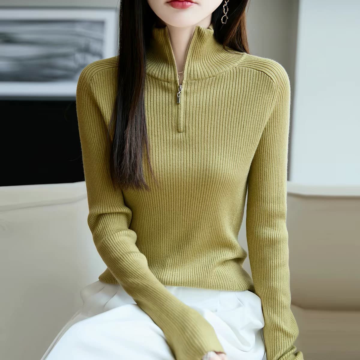 하프 지퍼 높은 지점 약화 된 카디건 여성 반하이넥 몸매 가꾸기 풀오버 니트 기본 셔츠 봄 가을 새로운 맨위 상세 이미지 4