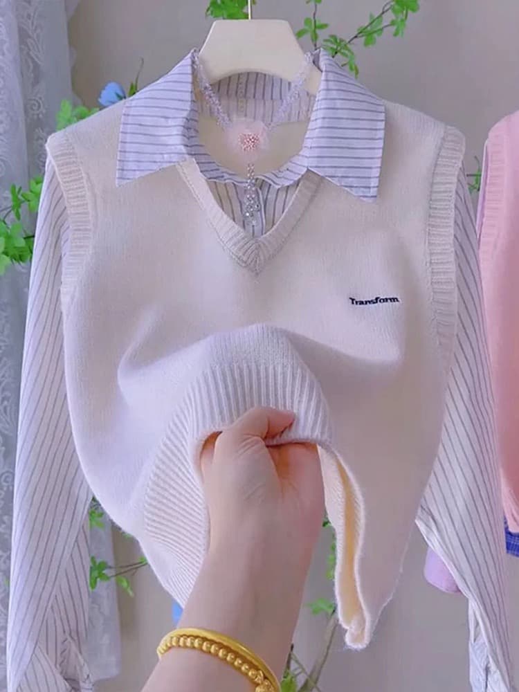 페이크 레이어드 양 플러시 스트라이프 패치워크 니트 여성 셔츠 봄 가을 새로운 캐주얼 다용도 학원 스타일 스택 착용 맨위 상세 이미지 1