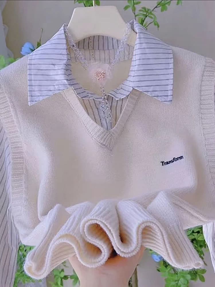 페이크 레이어드 양 플러시 스트라이프 패치워크 니트 여성 셔츠 봄 가을 새로운 캐주얼 다용도 학원 스타일 스택 착용 맨위 상세 이미지 5