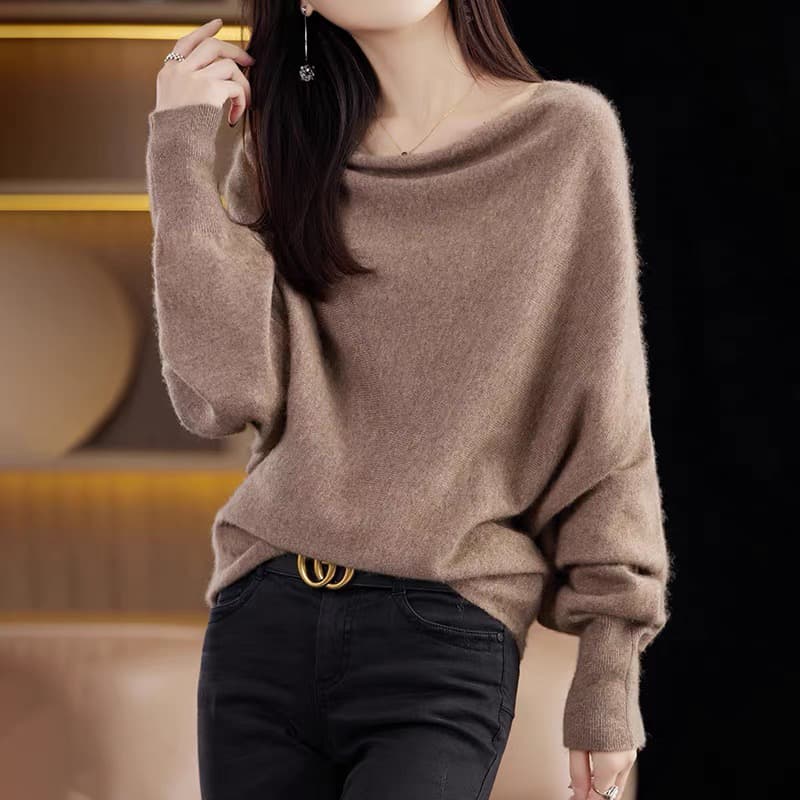가을 겨울 새로운 흔들다 칼라 배트윙 소매 양모 스웨터 여성 디자인 센스 스웨터 루즈핏 느긋한 보트넥 니트 카디건 상세 이미지 1