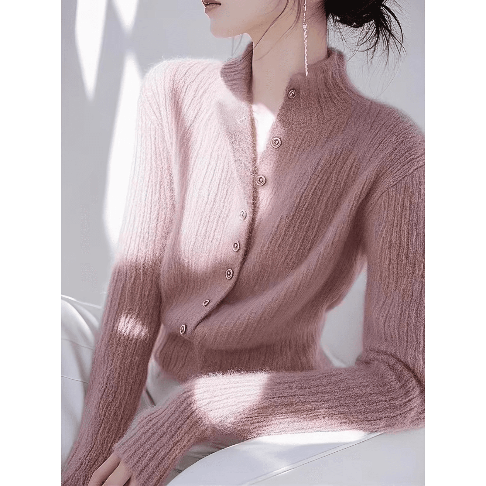 새로운 2026 가을 겨울 여성 의류 스탠드 칼라 싱글 줄 버튼 스웨터 코트 부드러운 찹쌀 느긋한 바람 니트 스웨터 이미지 5