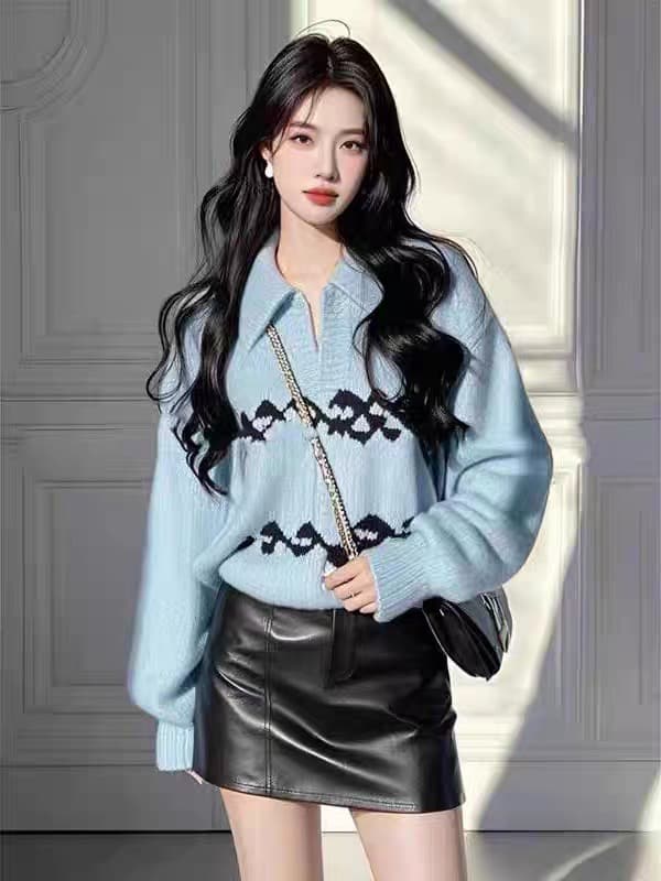 새로운 2026 가을 겨울 한 부서 파란색 폴로 칼라 자카드 스웨터 느긋한 고급 센스 고유 한 니트 스웨터