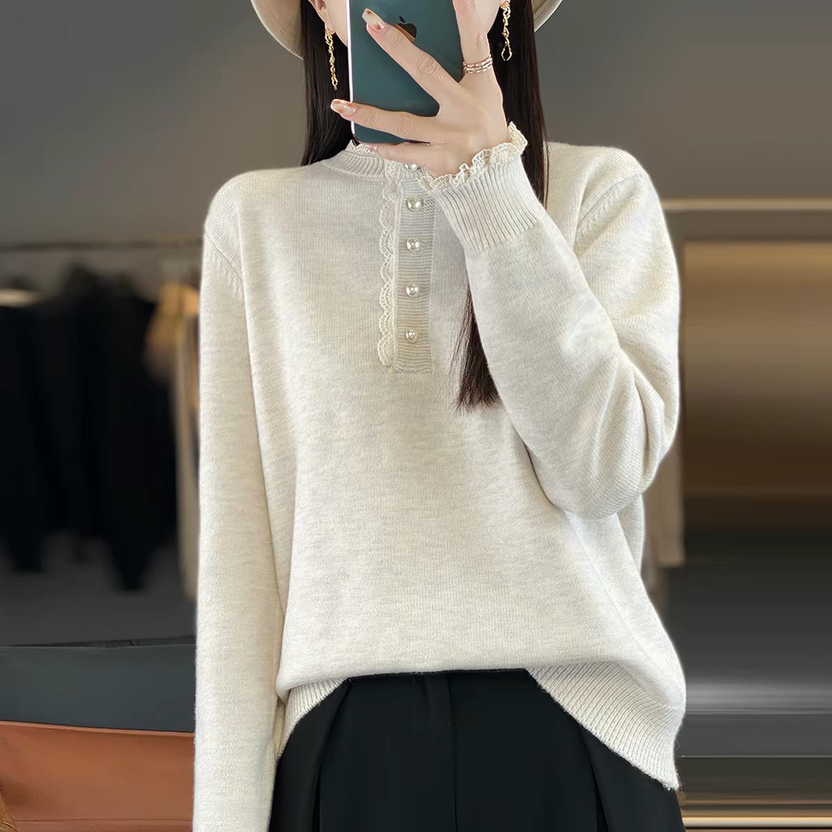 패치워크 레이스 레이스 칼라 니트 기본 셔츠 여성 2026 새로운 인사이드 가져 가라. 봄 가을 빅 사이즈 여성 의류 가을 겨울철 스웨터 상세 이미지 6