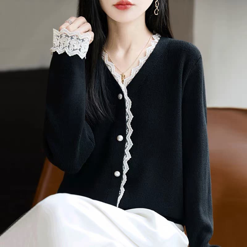 가을 의상 V넥 레이스 니트 오픈 가디건 여성 코트 2026 새로운 봄 가을 외부 가져 가라. 외국 가스 빅 사이즈 여성 의류 맨위 상세 이미지 3