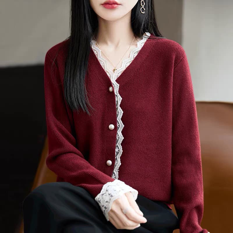 가을 의상 V넥 레이스 니트 오픈 가디건 여성 코트 2026 새로운 봄 가을 외부 가져 가라. 외국 가스 빅 사이즈 여성 의류 맨위 상세 이미지 4