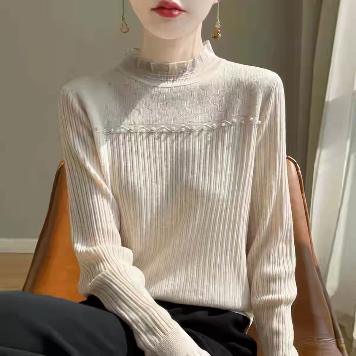 오스트리아 테라스 정리 대외 무역 전단 표준 꼬리 물품 레이스 기본 셔츠 여성 봄 가을 인사이드 가져 가라. 외국 가스 비즈 박기 니트 스웨터