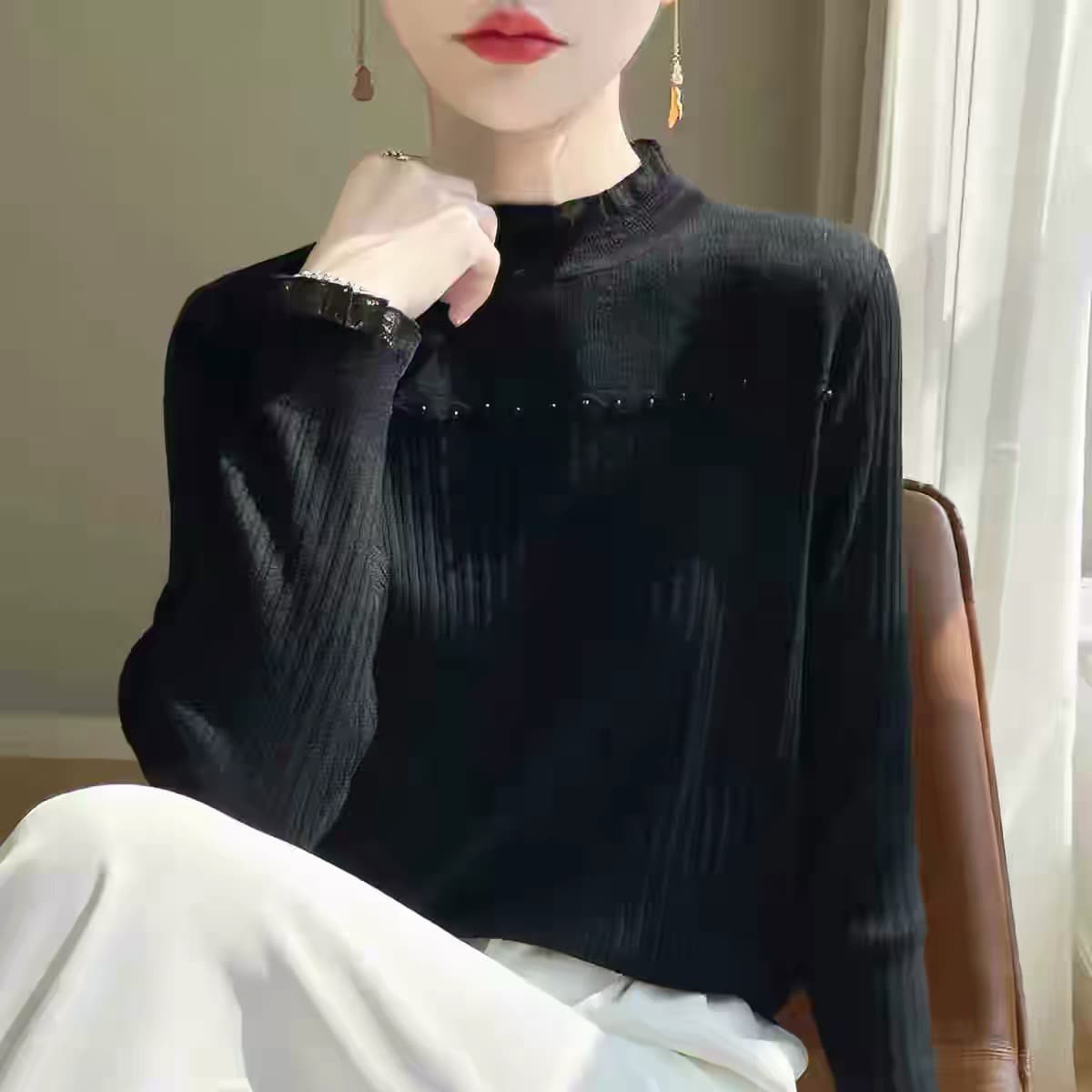 오스트리아 테라스 정리 대외 무역 전단 표준 꼬리 물품 레이스 기본 셔츠 여성 봄 가을 인사이드 가져 가라. 외국 가스 비즈 박기 니트 스웨터 이미지 3