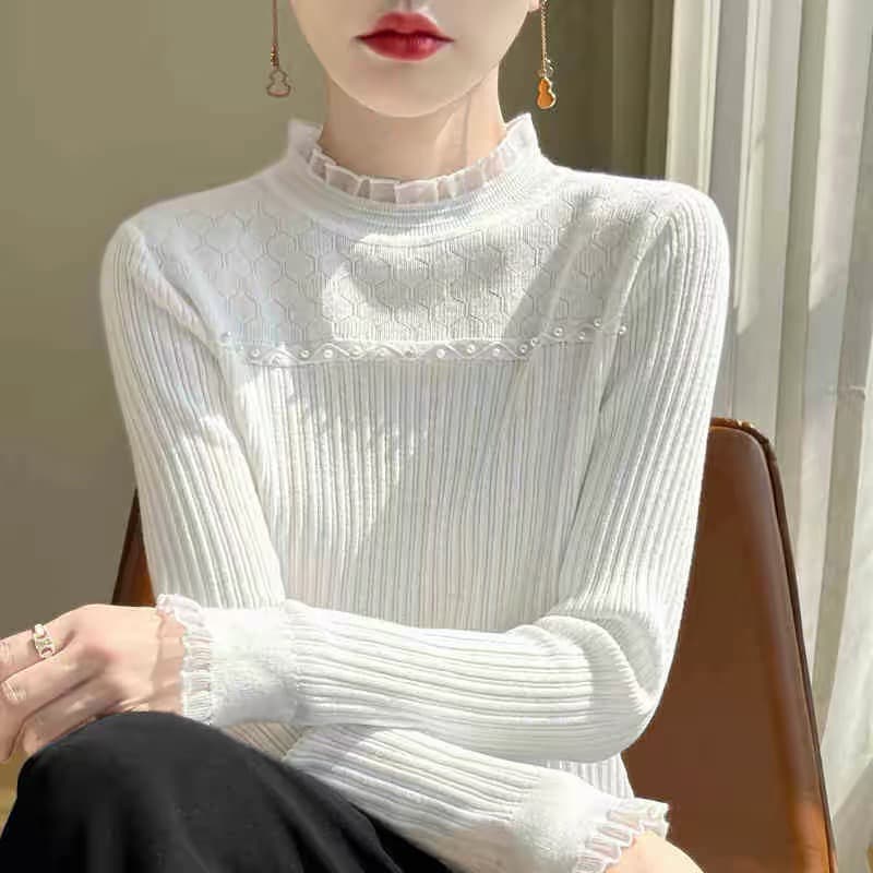 오스트리아 테라스 정리 대외 무역 전단 표준 꼬리 물품 레이스 기본 셔츠 여성 봄 가을 인사이드 가져 가라. 외국 가스 비즈 박기 니트 스웨터 이미지 5