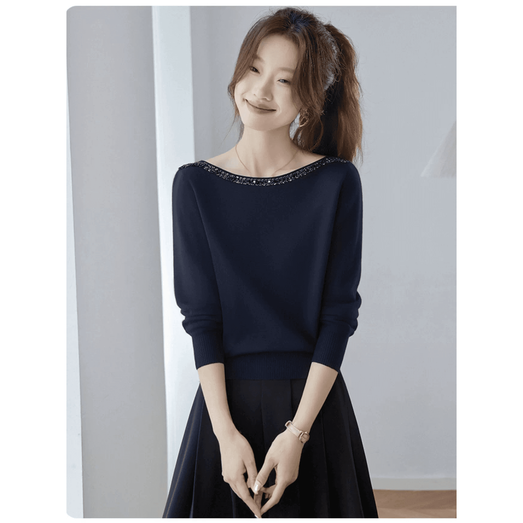 오스트리아 테라스 카운터 정리 인출 고급 센스 비즈 박기 니트 티셔츠 기본 셔츠 여성 인사이드 가져 가라. 오프숄더 맨위 이미지 5