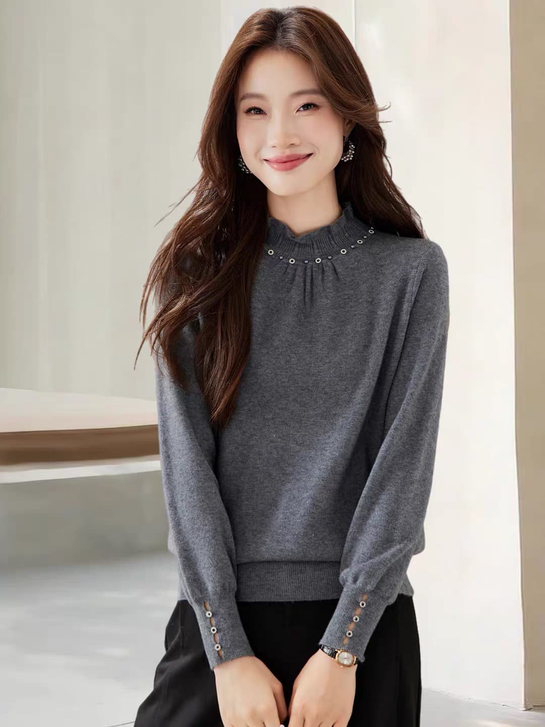 디자인 센스 작은 대중 비즈 박기 작은 키 반하이넥 스웨터 기본 셔츠 여성 가을 겨울 느긋한 바람 레이스 측면 니트 스웨터