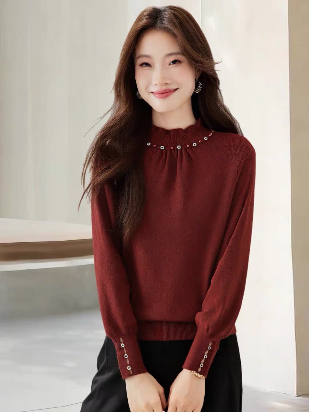 디자인 센스 작은 대중 비즈 박기 작은 키 반하이넥 스웨터 기본 셔츠 여성 가을 겨울 느긋한 바람 레이스 측면 니트 스웨터 상세 이미지 3