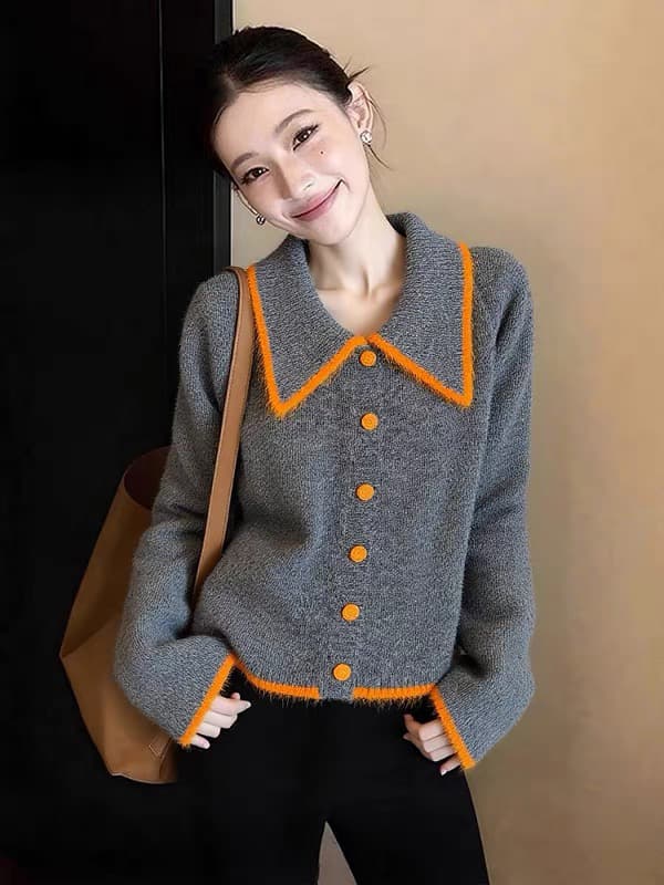 한 부서 느긋한 바람 배색 폴로 칼라 긴팔 스웨터 여성 코트 가을 빅 사이즈 지방 mm 루즈핏 슬림해 보이는 니트 오픈 가디건 상세 이미지 1