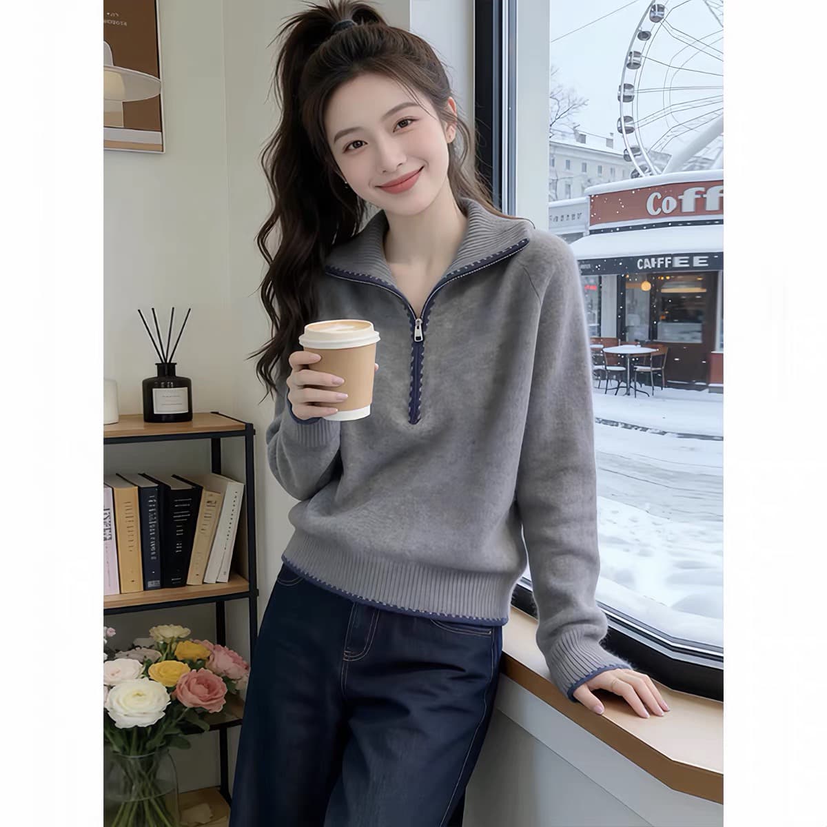 작은 대중 Chic 하프 지퍼 풀오버 배색 부드러운 찹쌀 스웨터 2026 겨울 느긋한 출퇴근 다용도 긴팔 니트 스웨터 이미지 3