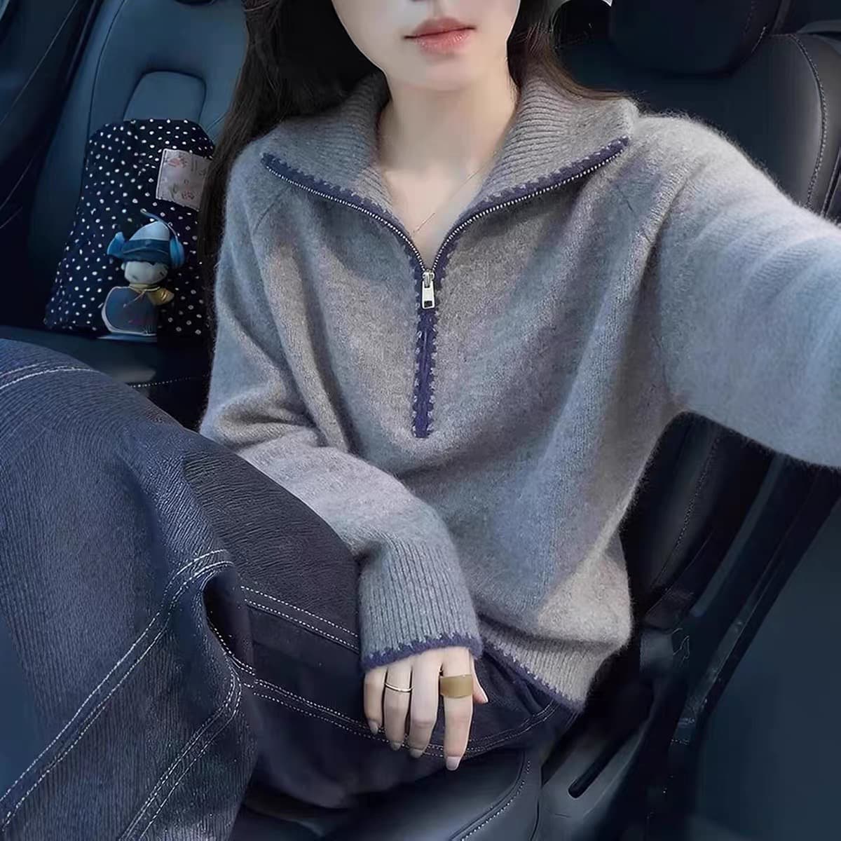 작은 대중 Chic 하프 지퍼 풀오버 배색 부드러운 찹쌀 스웨터 2026 겨울 느긋한 출퇴근 다용도 긴팔 니트 스웨터 상세 이미지 5