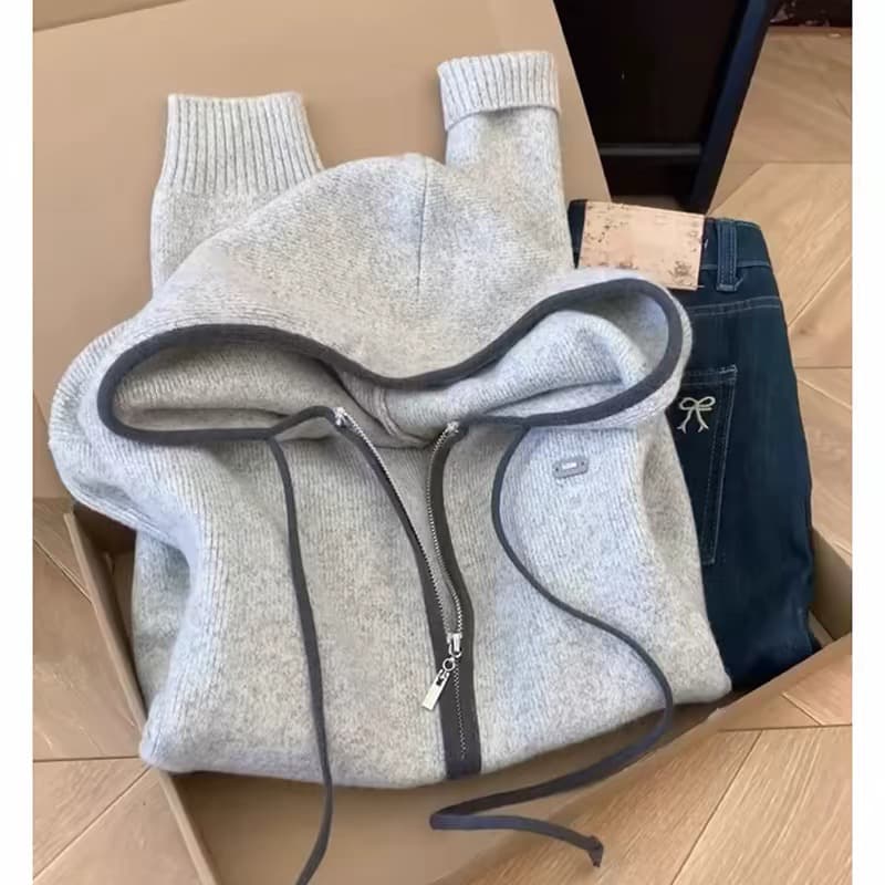 블루 회색 배색 디자인 센스 후드 니트 맨위 오픈 가디건 여성 가을 겨울철 더블 지퍼 루즈핏 느긋한 스웨터 코트 상세 이미지 8
