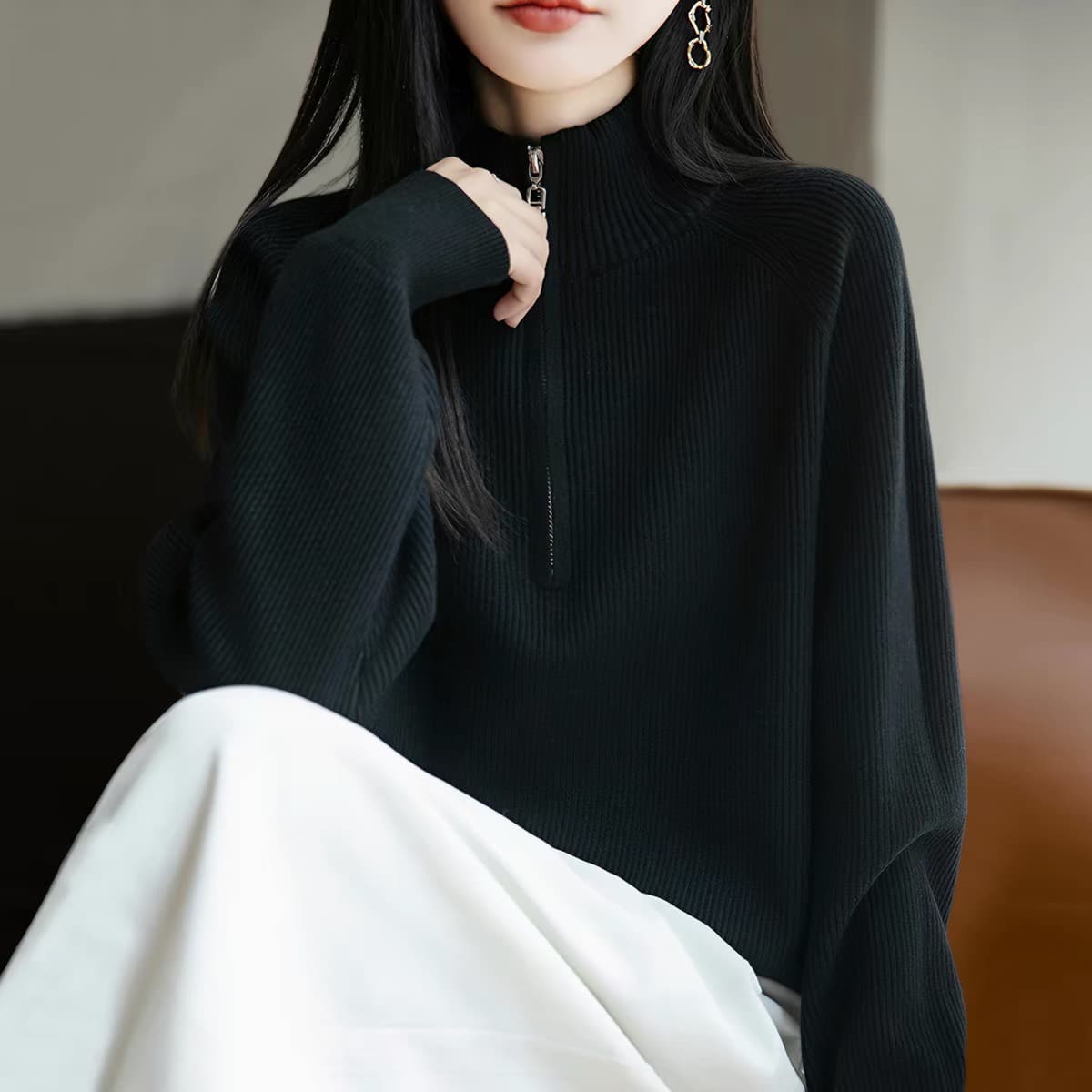 가을 의상 지퍼 터틀넥 니트 기본 셔츠 여성 2026 새로운 봄 가을 맨위 외국 가스 빅 사이즈 여성 의류 가을 겨울 스웨터 이미지 3