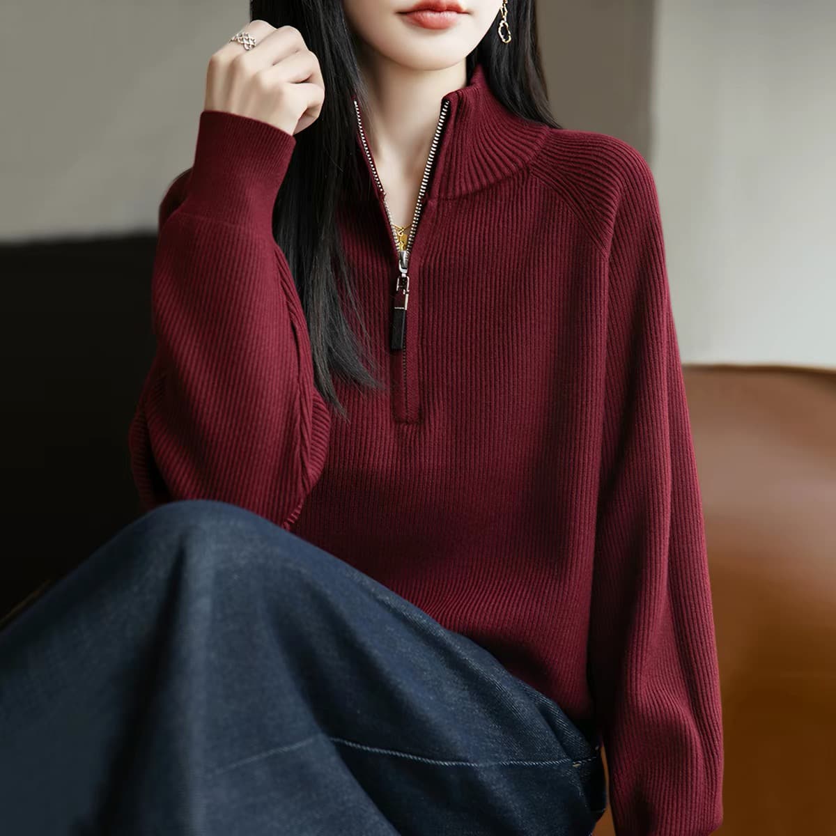 가을 의상 지퍼 터틀넥 니트 기본 셔츠 여성 2026 새로운 봄 가을 맨위 외국 가스 빅 사이즈 여성 의류 가을 겨울 스웨터 상세 이미지 4