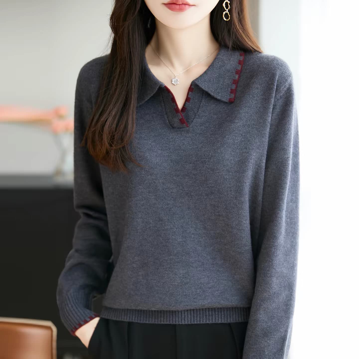 카디건 폴로 칼라 스웨터 여자 가을 겨울 새로운 패션 쇼트 스타일 루즈핏 고급 센스 니트 인사이드 가져 가라. 기본 셔츠 맨위 이미지 5