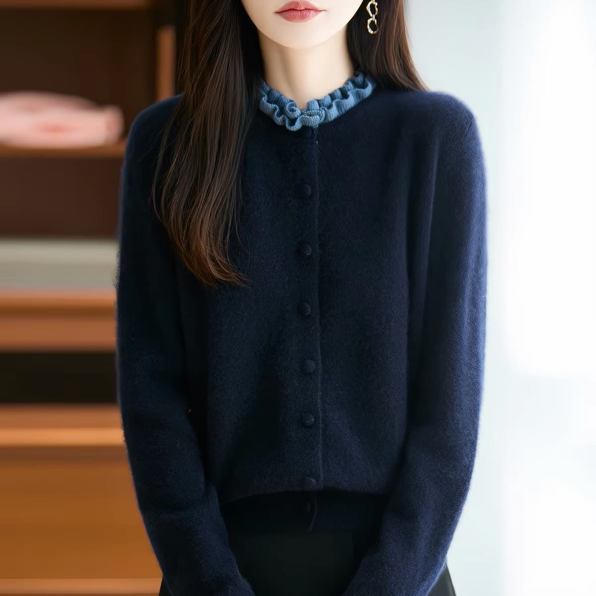 순양모 오픈 가디건 여성 프릴 라운드 넥 스웨터 배색 페이크 레이어드 재킷 스택 착용 니트 플러시 셔츠 외부 가져 가라. 이미지 3