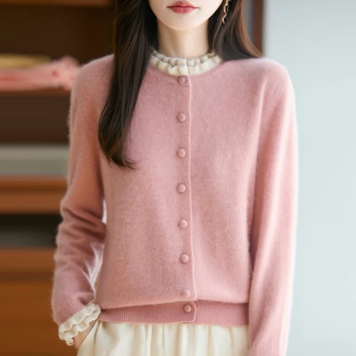 순양모 오픈 가디건 여성 프릴 라운드 넥 스웨터 배색 페이크 레이어드 재킷 스택 착용 니트 플러시 셔츠 외부 가져 가라. 이미지 5