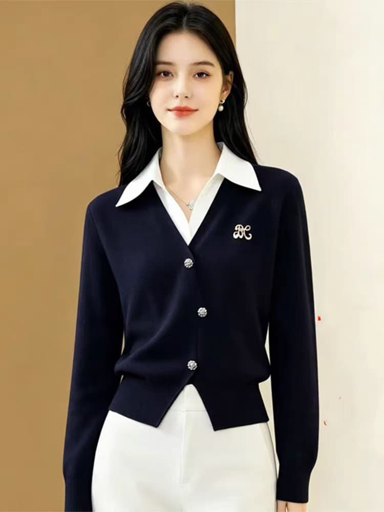 프랑스식 고급 센스 니트 스웨터 여성 2026 가을 새로운 빅 사이즈 지방 mm 유럽 상품 페이크 레이어드 긴팔 배색 맨위