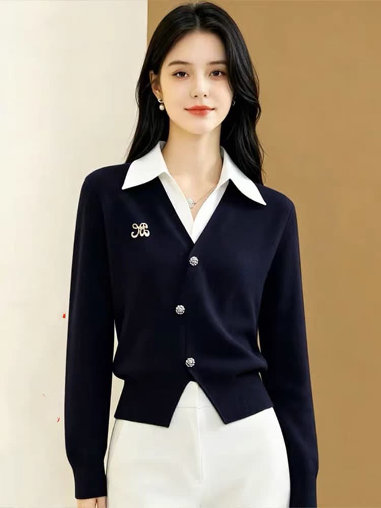 프랑스식 고급 센스 니트 스웨터 여성 2026 가을 새로운 빅 사이즈 지방 mm 유럽 상품 페이크 레이어드 긴팔 배색 맨위 이미지 2