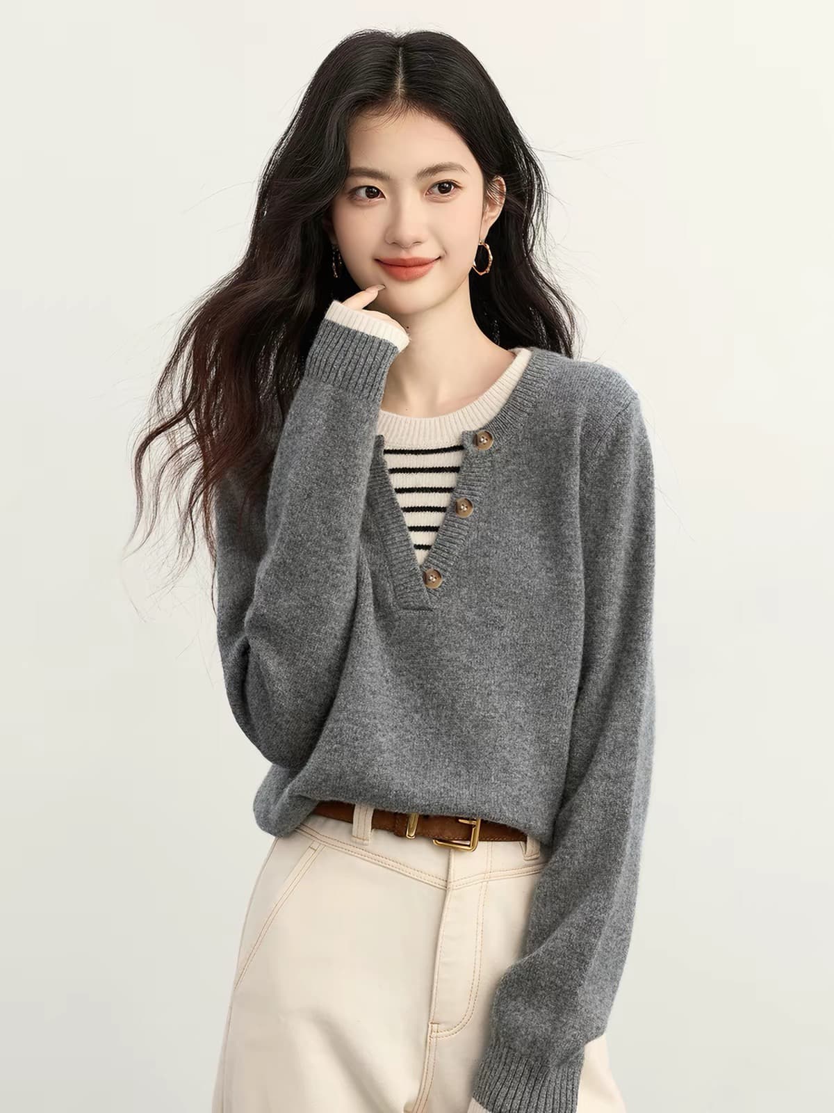 페이크 레이어드 스트라이프 패치워크 회색 스웨터 여자 가을 겨울 착용 가져 가라. 느긋한 고급 센스 chic 긴팔 니트 스웨터 맨위