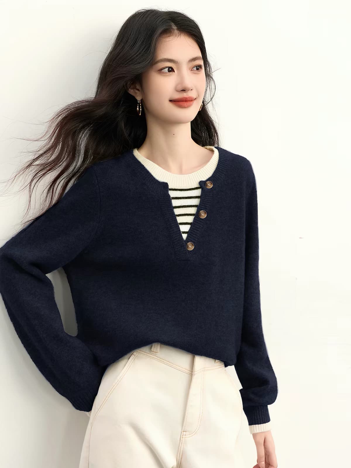 페이크 레이어드 스트라이프 패치워크 회색 스웨터 여자 가을 겨울 착용 가져 가라. 느긋한 고급 센스 chic 긴팔 니트 스웨터 맨위 이미지 3