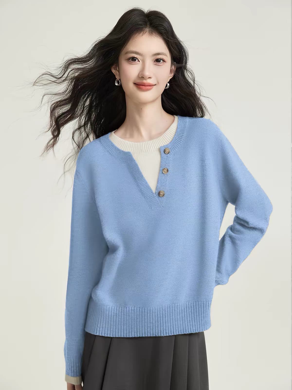 페이크 레이어드 스트라이프 패치워크 회색 스웨터 여자 가을 겨울 착용 가져 가라. 느긋한 고급 센스 chic 긴팔 니트 스웨터 맨위 이미지 4