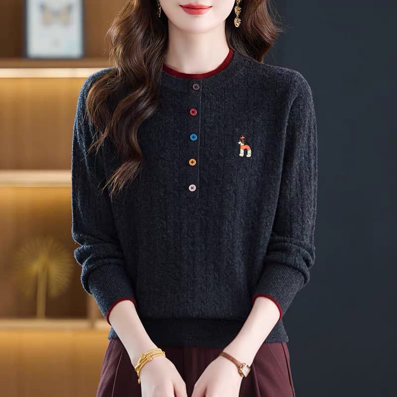 가을 겨울 스웨터 여자 새로운 순양모 니트 스웨터 여성 루즈핏 만나는 라운드 넥 긴팔 풀오버 보온 가을 겨울 맨위 상세 이미지 4