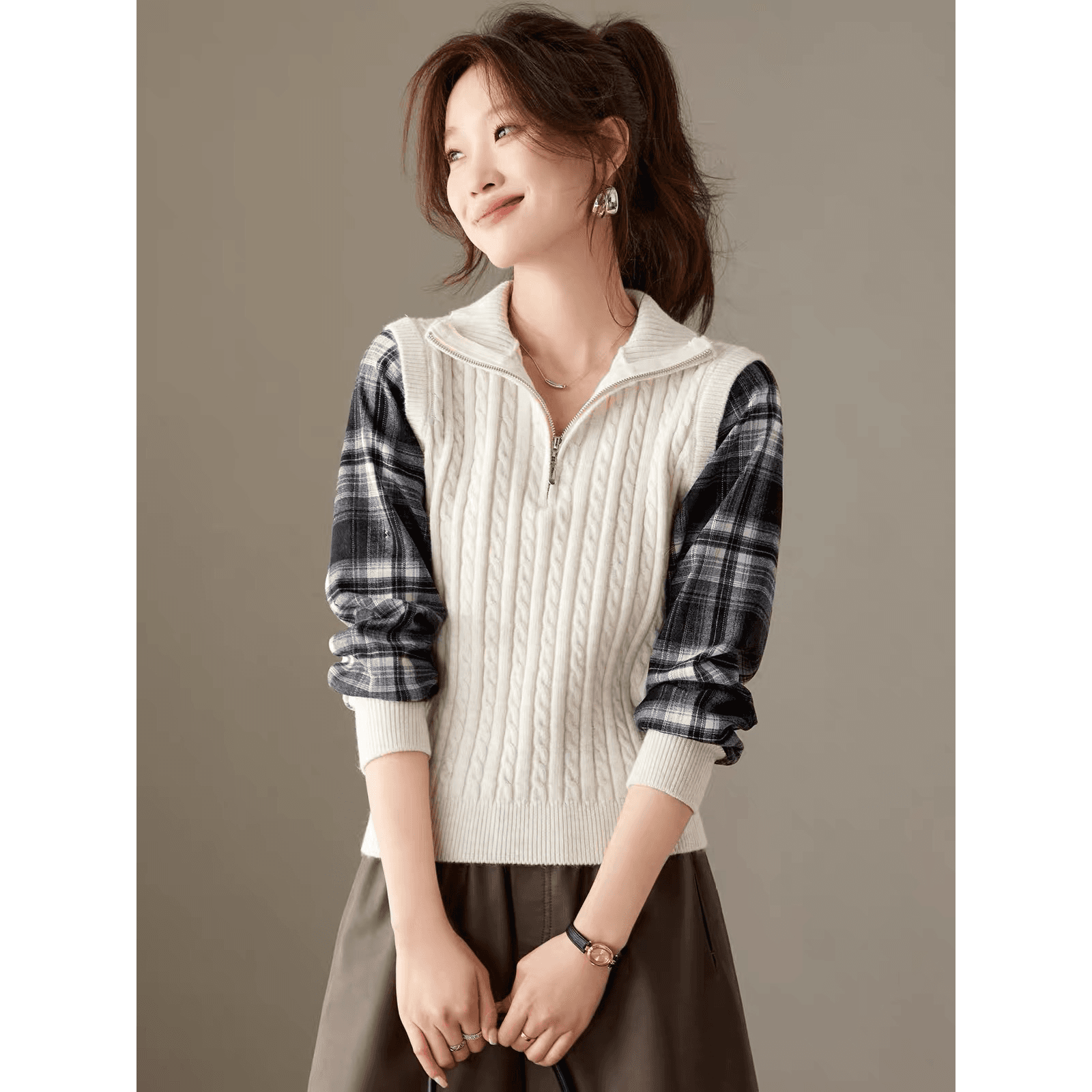 새로운 체크무늬 하프 지퍼 폴로 칼라 페이크 레이어드 스웨터 여성 의류 조기 봄 가을 셔츠 패치워크 니트 스웨터 만나는 맨위 이미지 5