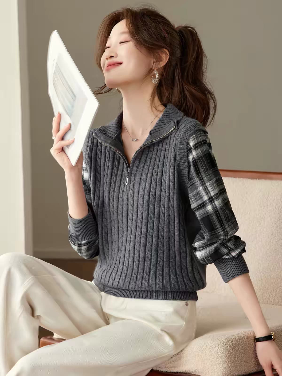 새로운 체크무늬 하프 지퍼 폴로 칼라 페이크 레이어드 스웨터 여성 의류 조기 봄 가을 셔츠 패치워크 니트 스웨터 만나는 맨위 상세 이미지 5