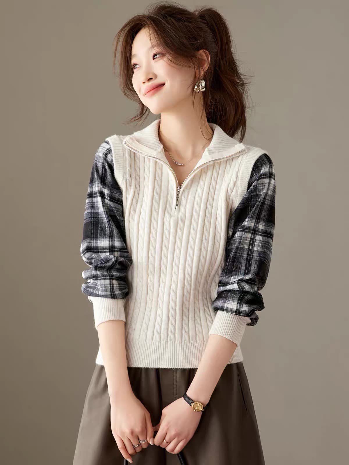 새로운 체크무늬 하프 지퍼 폴로 칼라 페이크 레이어드 스웨터 여성 의류 조기 봄 가을 셔츠 패치워크 니트 스웨터 만나는 맨위 상세 이미지 6
