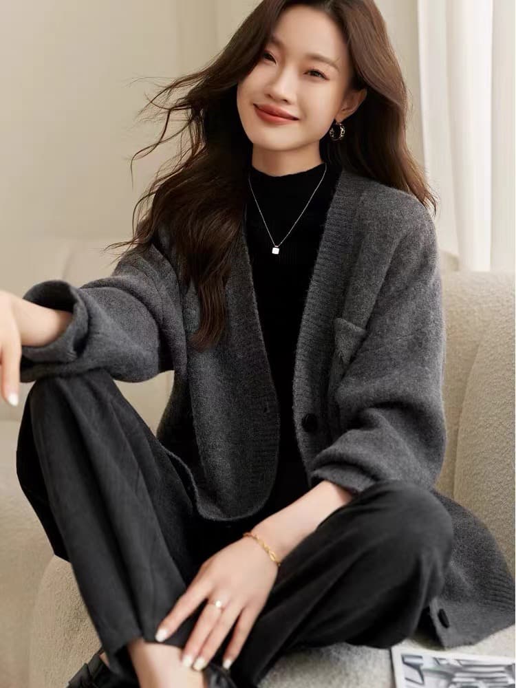 한 부서 느긋한 바람을 피우다 롱 코트 양모 니트 오픈 가디건 여성 봄 가을 루즈핏 스웨터 코트 품격 양모 외부 가져 가라. 상세 이미지 3