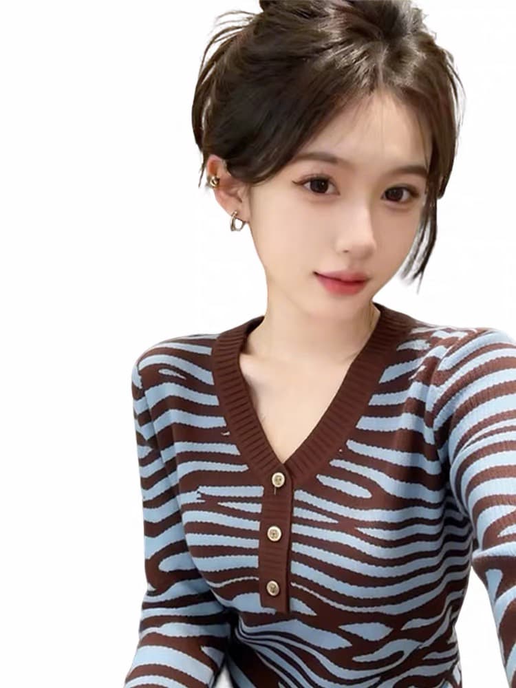 한 부서 V넥 얼룩말 곡물 스웨터 니트 기본 셔츠 여성 2026 가을 새로운 디자인 센스 작은 대중 긴팔 맨위 상세 이미지 5