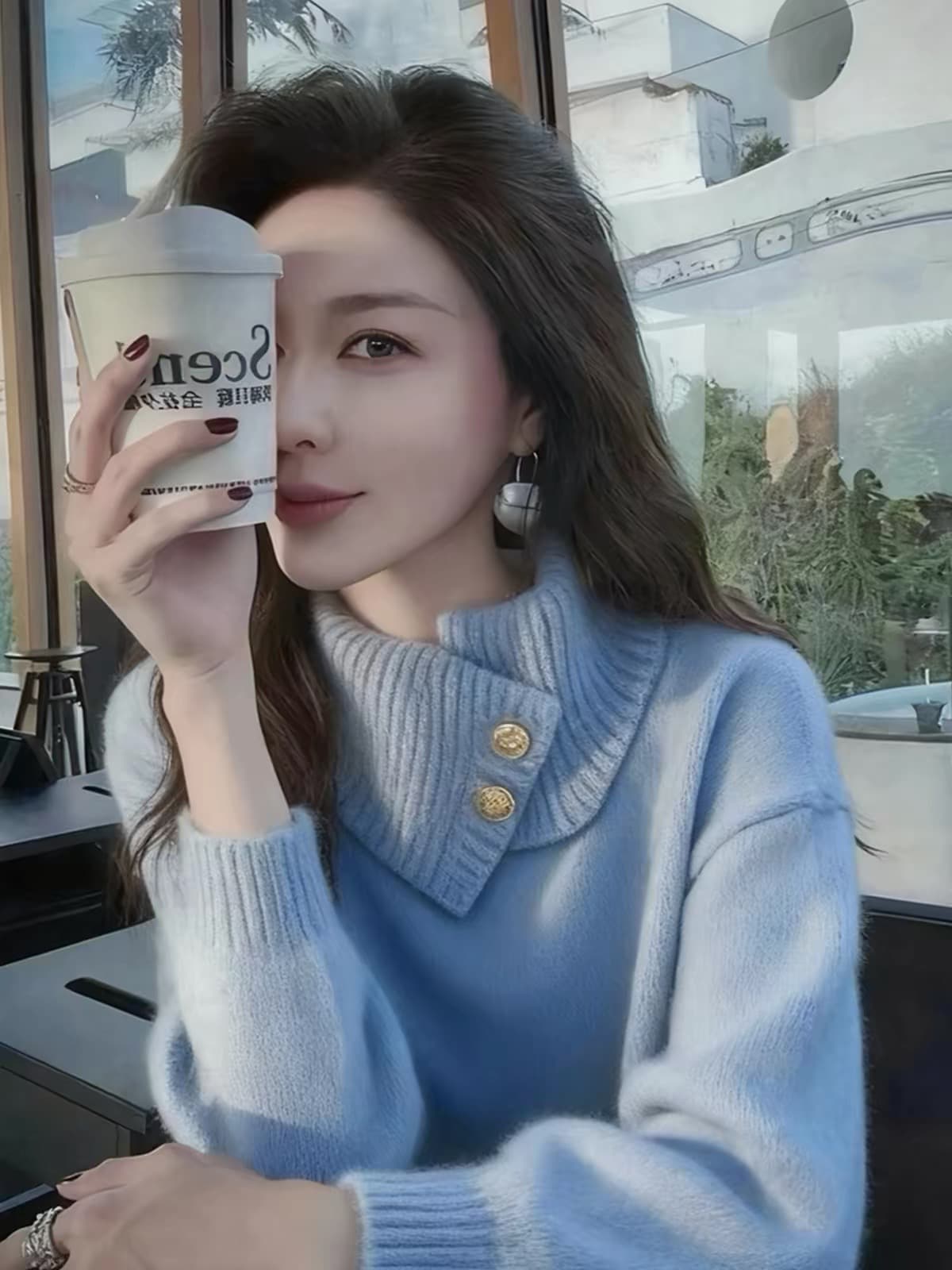한 부서 chic 고급 센스 파란색 터틀넥 긴팔 스웨터 니트 스웨터 여성 겨울 섹션 미니멀리즘 부드러운 찹쌀 루즈핏 맨위 상세 이미지 1