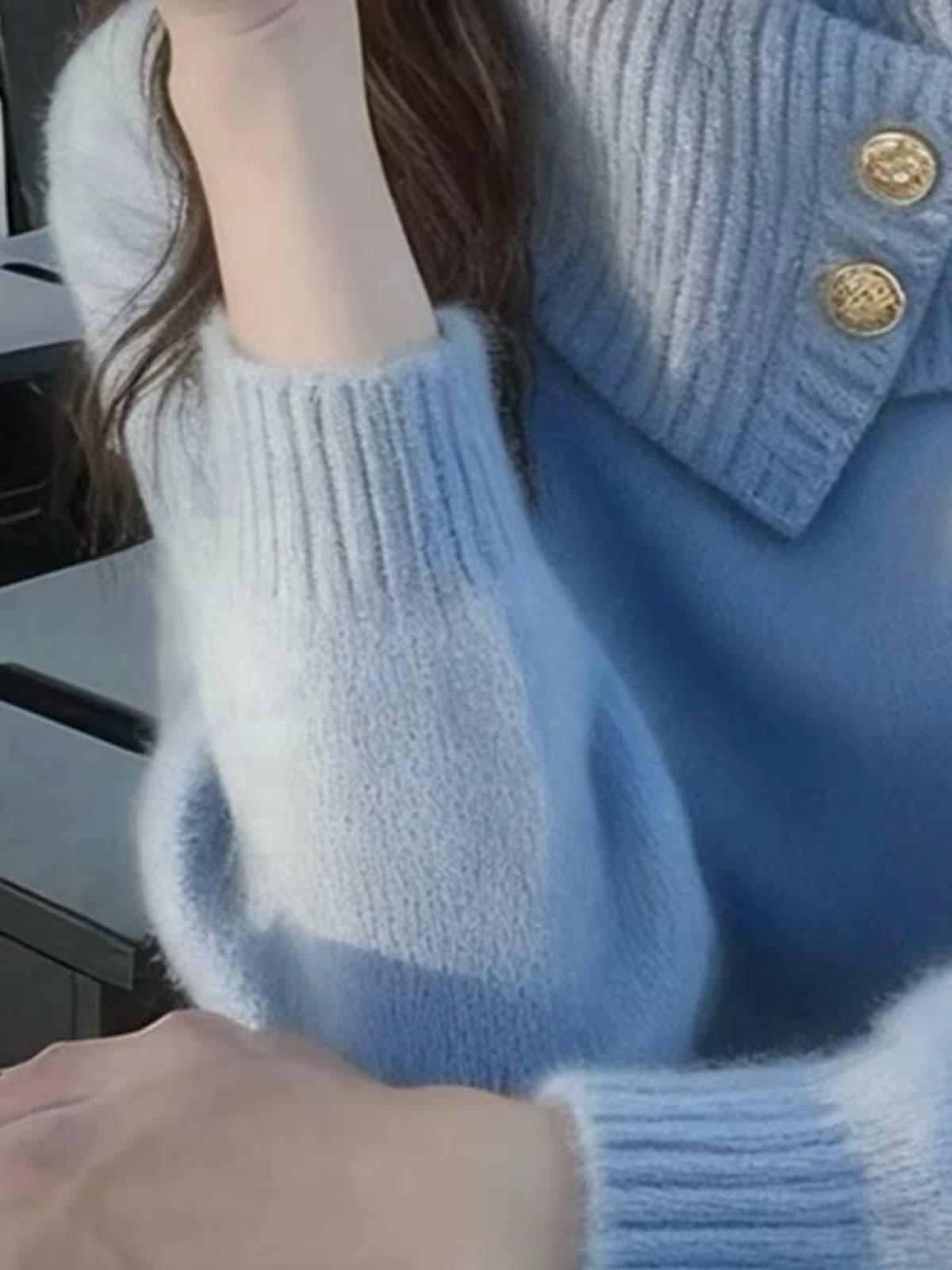 한 부서 chic 고급 센스 파란색 터틀넥 긴팔 스웨터 니트 스웨터 여성 겨울 섹션 미니멀리즘 부드러운 찹쌀 루즈핏 맨위 상세 이미지 5