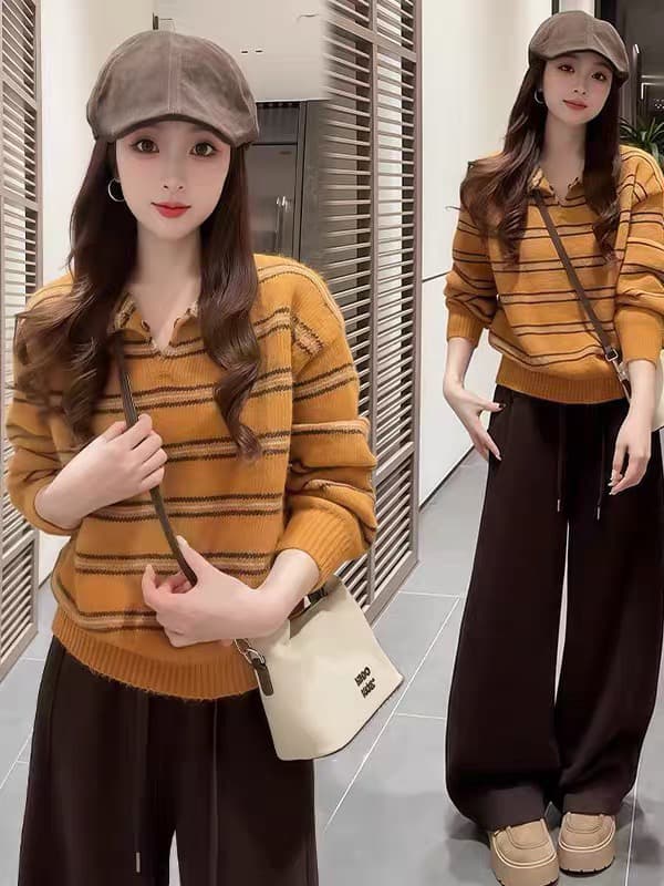 부드러운 찹쌀 느긋한 바람 스트라이프 반 개방 칼라 스웨터 여자 가을 겨울 새로운 루즈핏 슬림해 보이는 다용도 풀오버 니트 스웨터 맨위 이미지 2