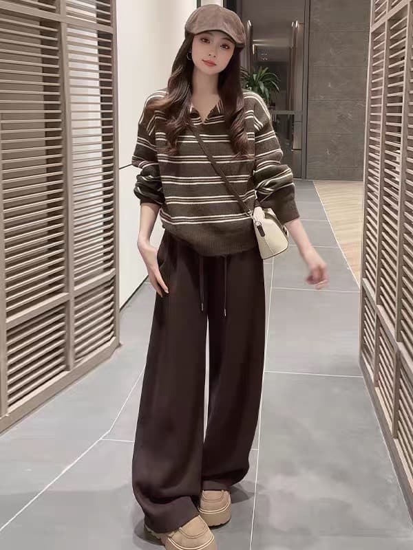 부드러운 찹쌀 느긋한 바람 스트라이프 반 개방 칼라 스웨터 여자 가을 겨울 새로운 루즈핏 슬림해 보이는 다용도 풀오버 니트 스웨터 맨위 이미지 4