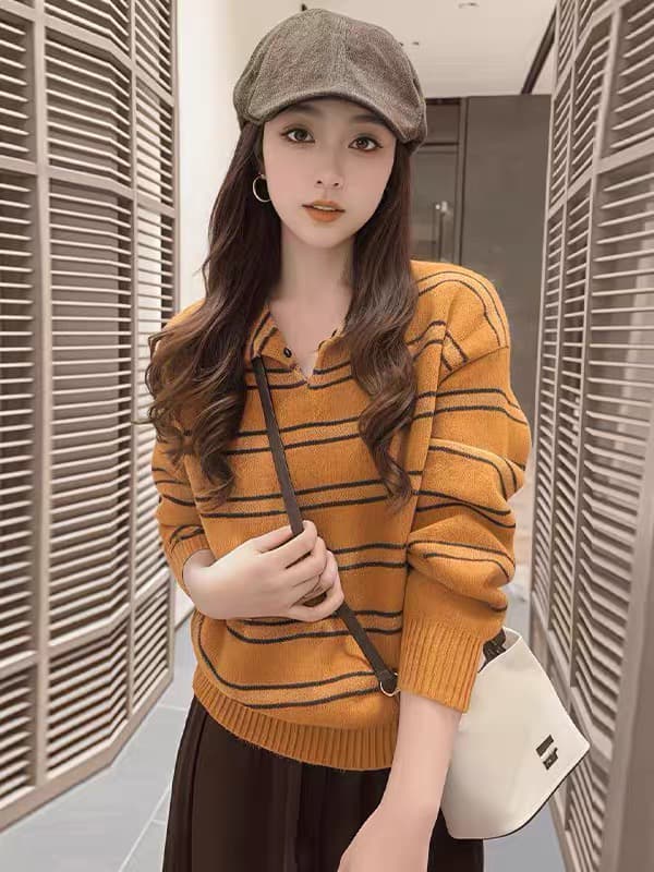 부드러운 찹쌀 느긋한 바람 스트라이프 반 개방 칼라 스웨터 여자 가을 겨울 새로운 루즈핏 슬림해 보이는 다용도 풀오버 니트 스웨터 맨위 상세 이미지 1