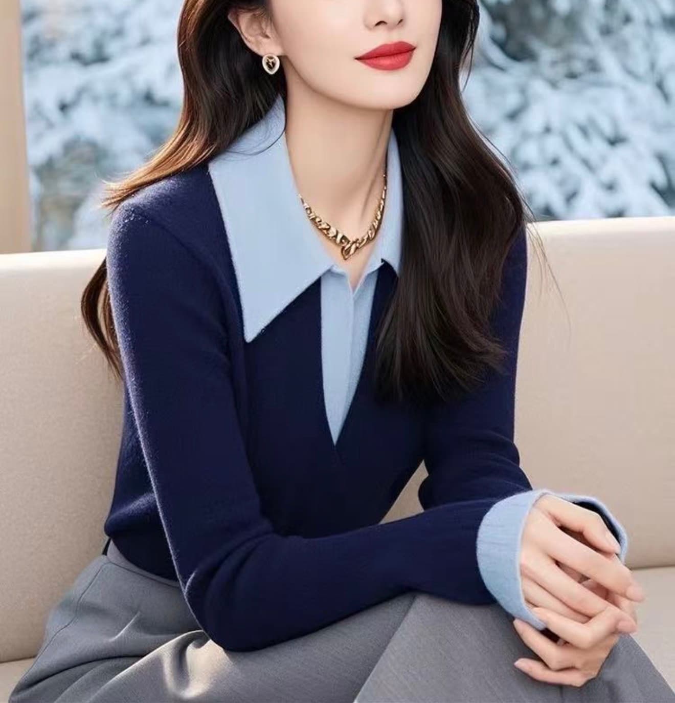 작은 대중 2026 니트 스웨터 가을 겨울 새로운 품격 맨위 파란색 패치워크 스웨터 POLO 칼라 니트 기본 셔츠