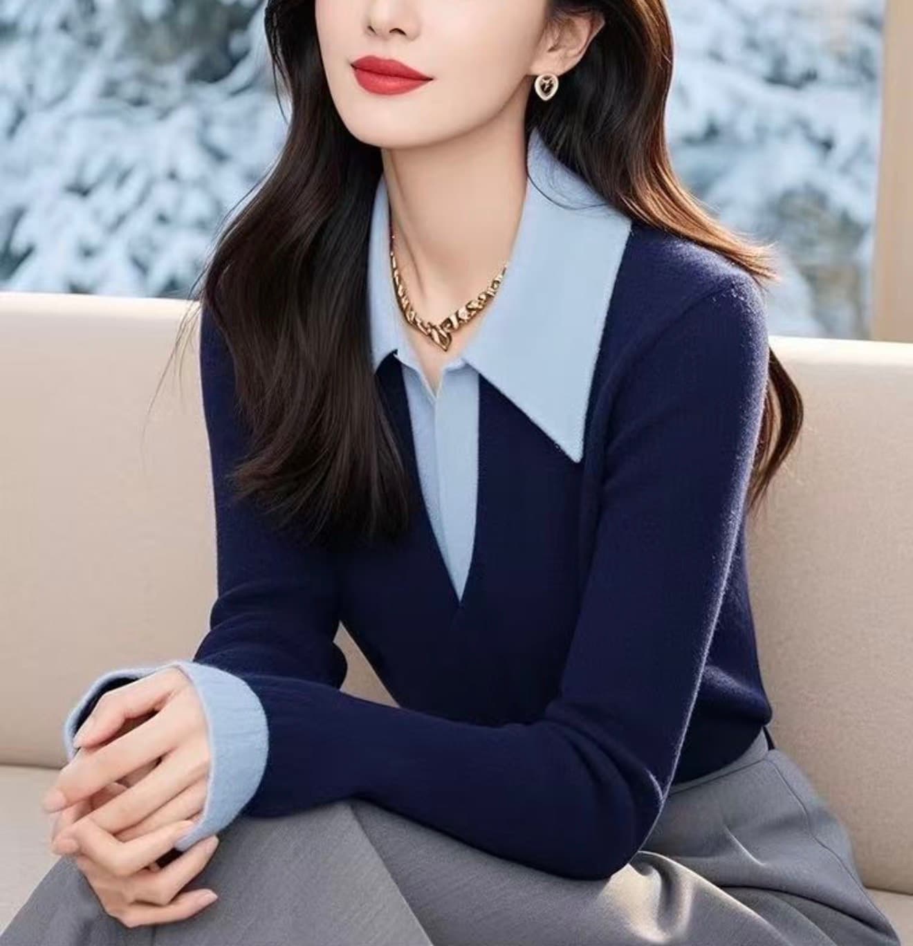 작은 대중 2026 니트 스웨터 가을 겨울 새로운 품격 맨위 파란색 패치워크 스웨터 POLO 칼라 니트 기본 셔츠 이미지 4