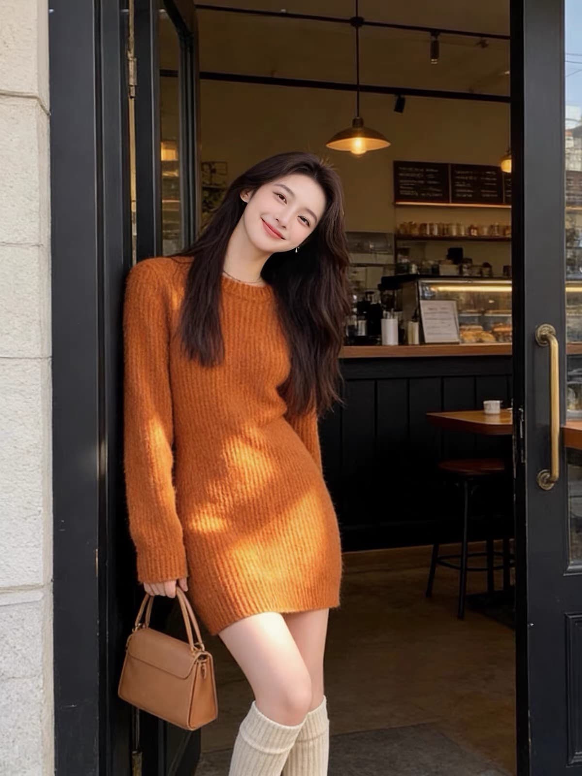 한 부서 분위기 센스 주황색 긴팔 니트 여성 드레스 가을 겨울 인사이드 가져 가라. 몸매 가꾸기 슬림해 보이는 타이트 스커트 품격 짧은 치마 상세 이미지 1